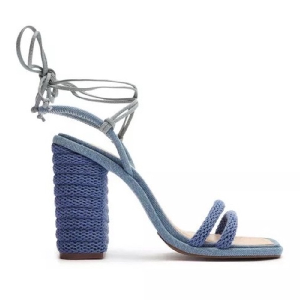 Schutz Leenah Denim Ankle Wrap Block Heels Square Toe Blue Size 8